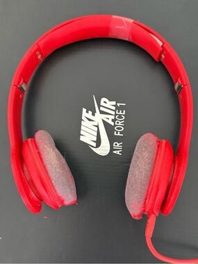 Beats by Dre. Wired over ear headphones. Red. Bass.